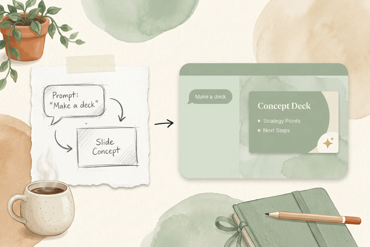A clean illustration of a presentation slide being edited with drag handles beside a row of theme swatches, the slide held in a green selection frame, on a near-white dot-grid ground