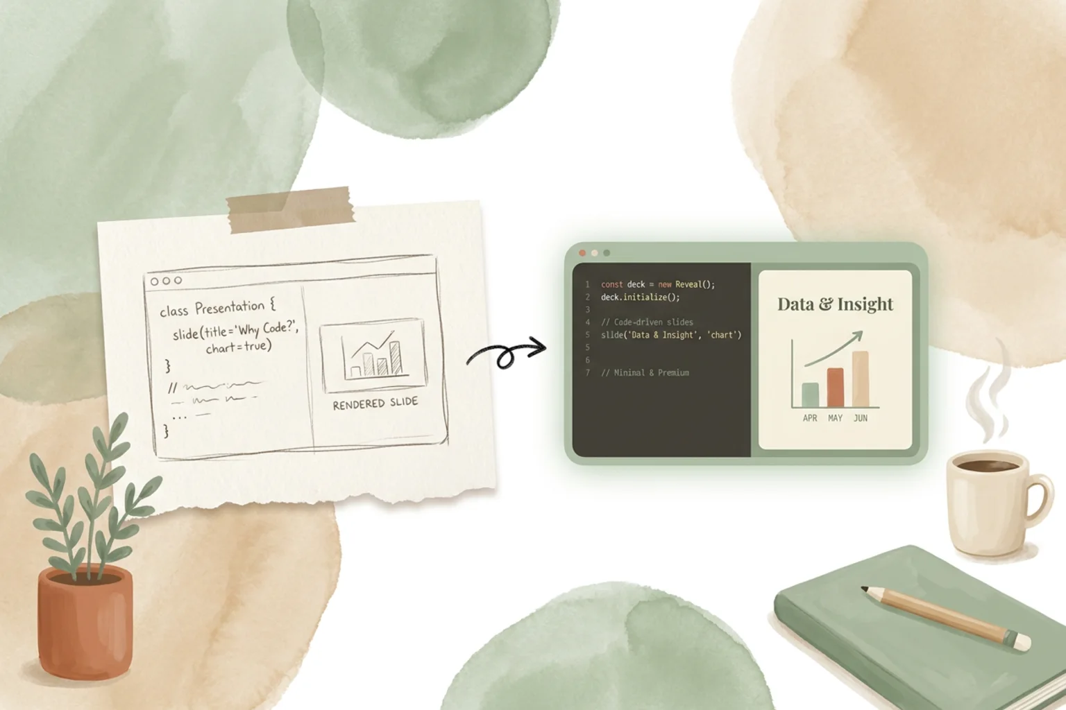A clean illustration of a coding-agent cursor assembling a web slide from layout blocks, the finished slide held in a green selection frame with corner handles, on a near-white dot-grid ground