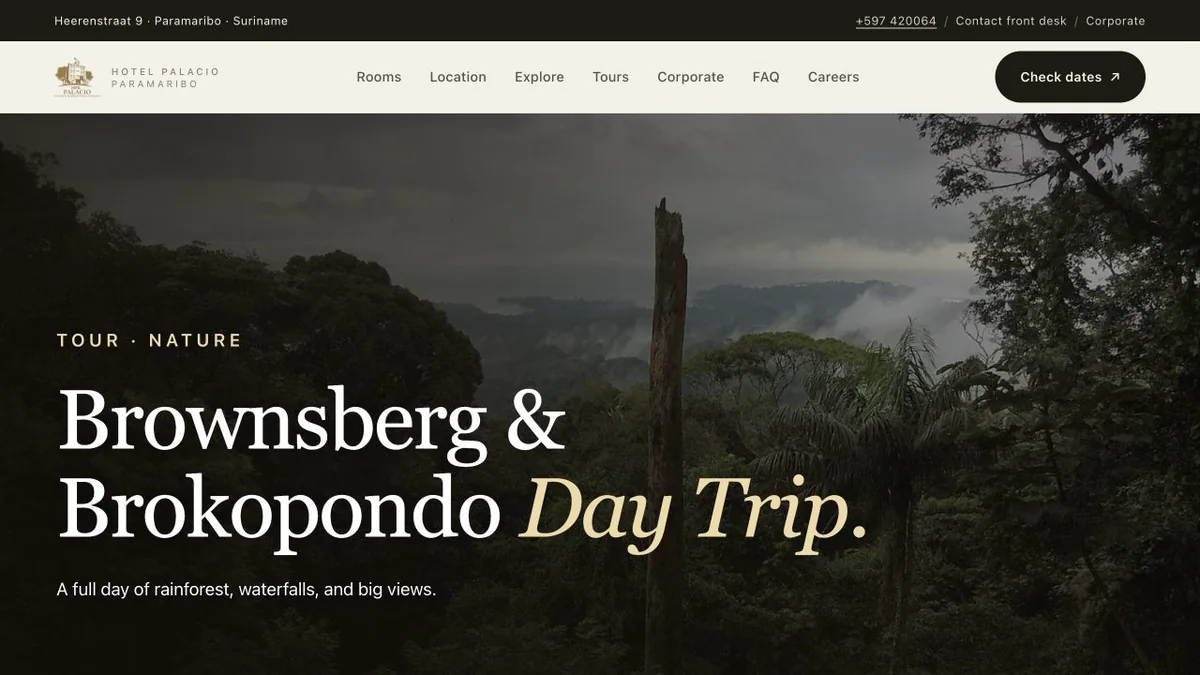 Hotel Palacio Brownsberg and Brokopondo day-trip page, with rainforest imagery and detailed local storytelling
