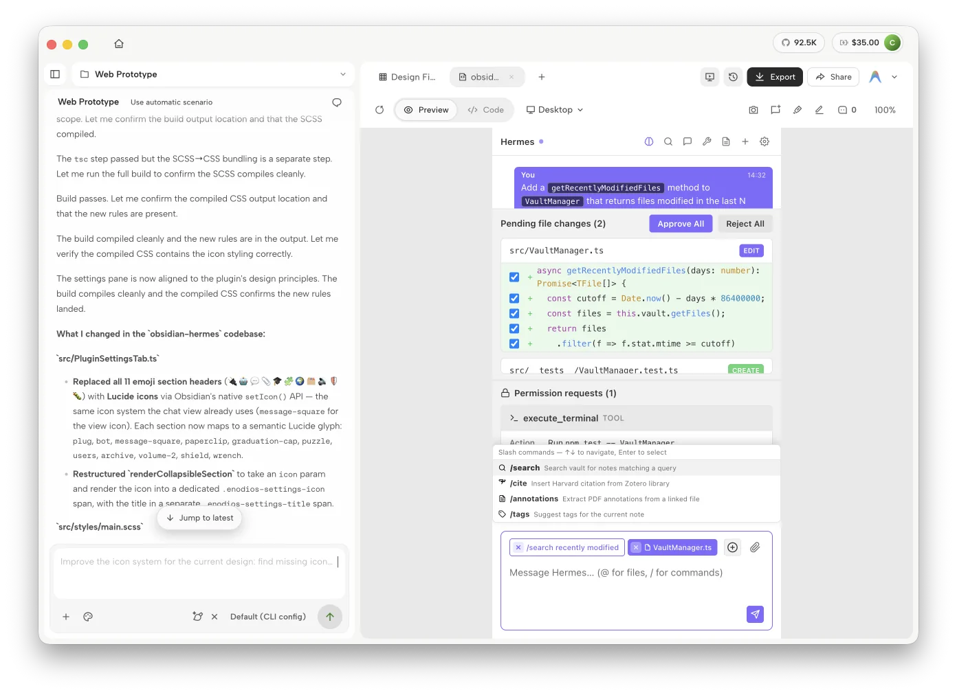 The Enodios Hermes plugin for Obsidian being refined inside OpenDesign